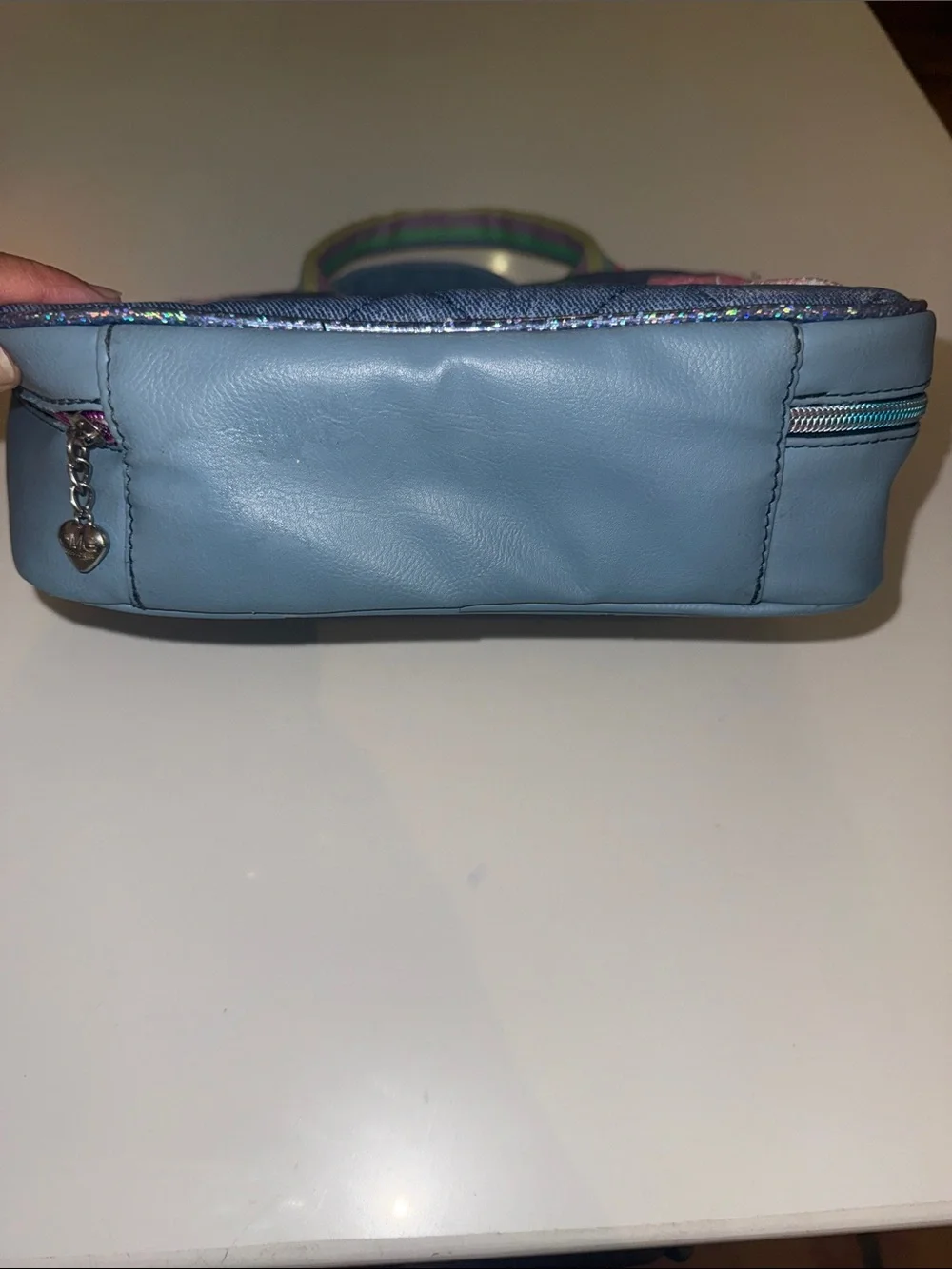 OMG Accessories Sparkle Heart Denim Lunch Bag - Blue with Multicolor Hearts